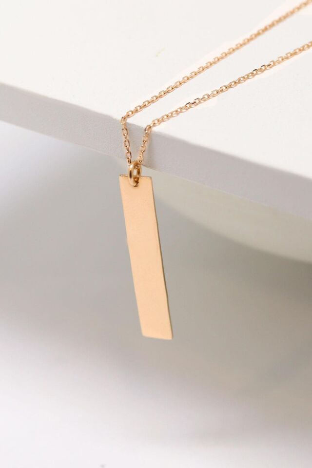 İnce Rose Dikdörtgen Plaka Kolye 14 Ayar Altın