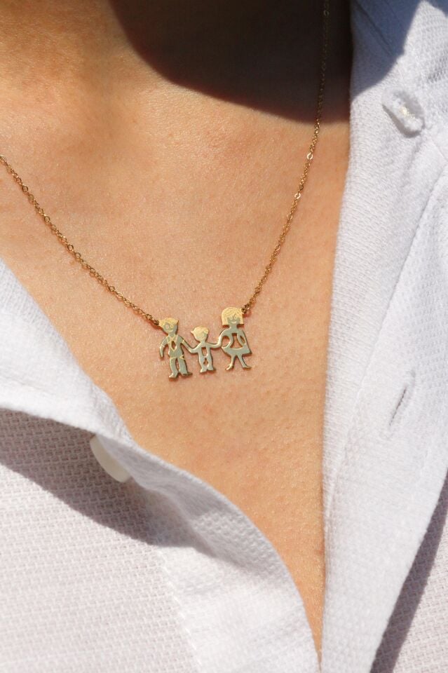 Lazer Kesim Çekirdek Aile Kolye 14 Ayar Altın