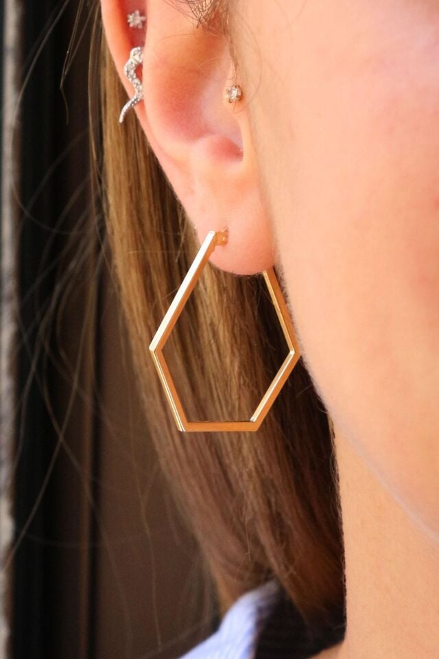 Beşgen Halka Küpe 14 Ayar Sarı Altın