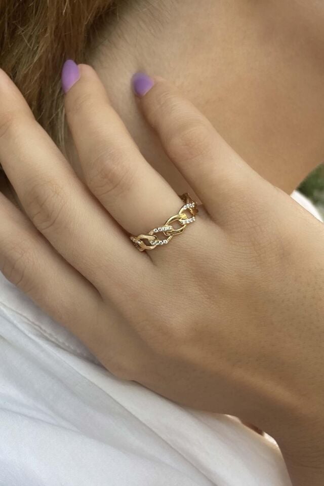 Ezme Gurmet Zincir Taşlı 14 Ayar Sarı Altın Yüzük