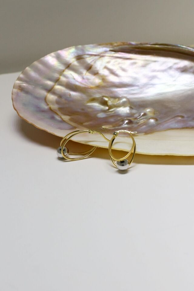 Oval ortası Toplu 14 Ayar Sarı-Beyaz Halka Küpe