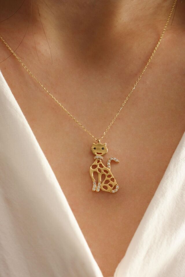 Benekli Gülümseyen Kedi Kolye 14 Ayar Sarı Altın