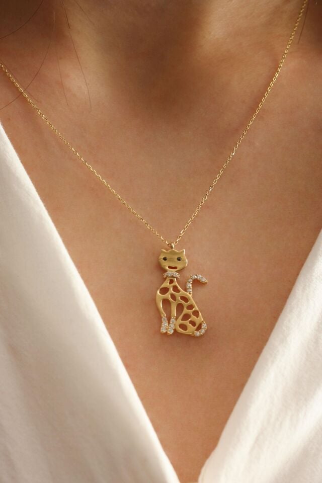 Benekli Gülümseyen Kedi Kolye 14 Ayar Sarı Altın