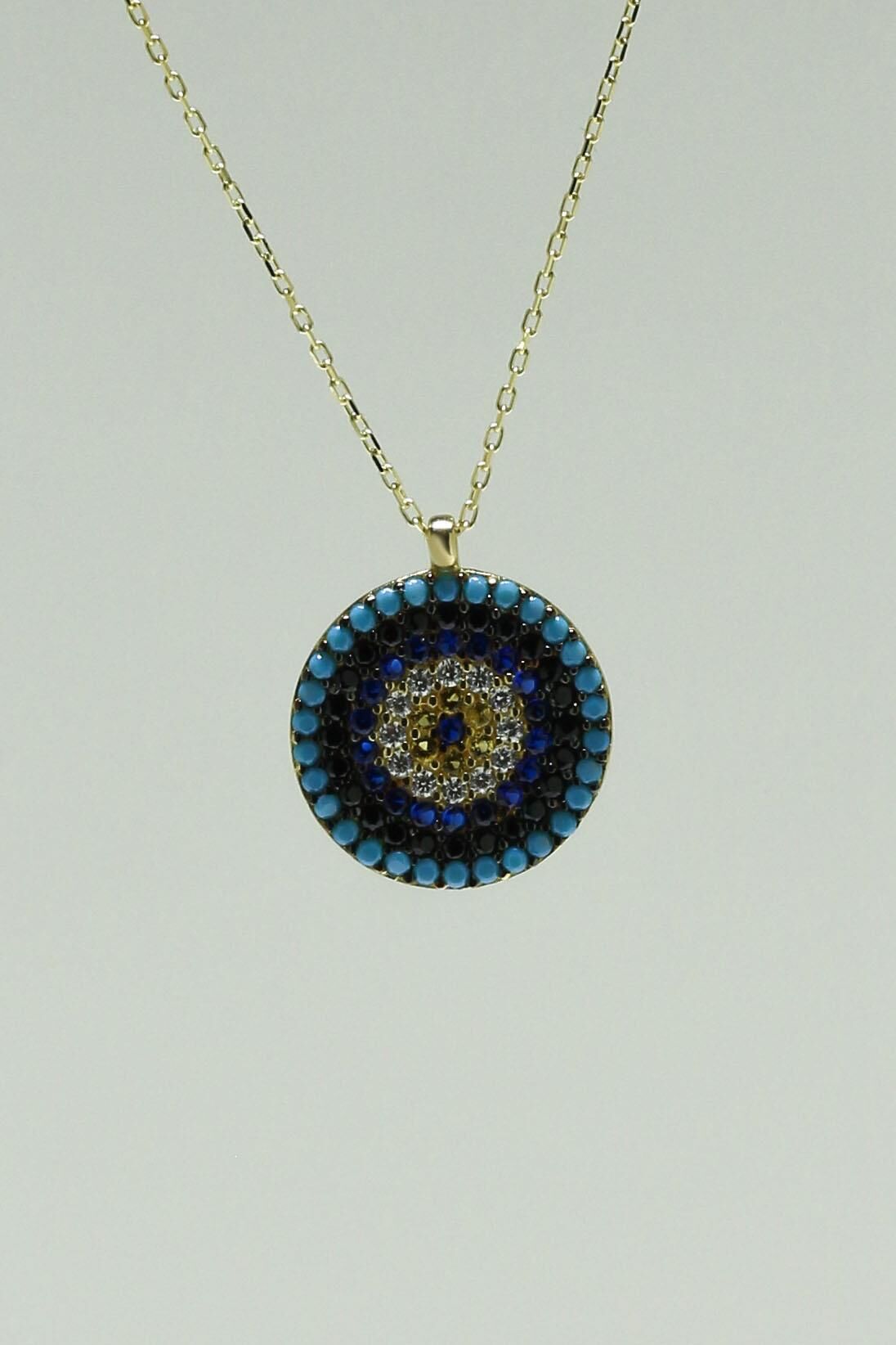 Sosyete Gözü Çok Renkli Taşlı 1,9 cm Çaplı Kolye 14 Ayar Sarı Altın