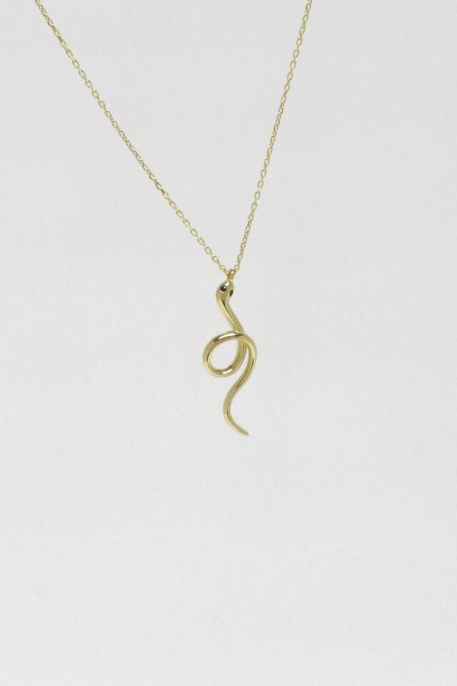 Gözleri Siyah Taşlı Minimal 14 Ayar Sarı Altın Yılan Kolye