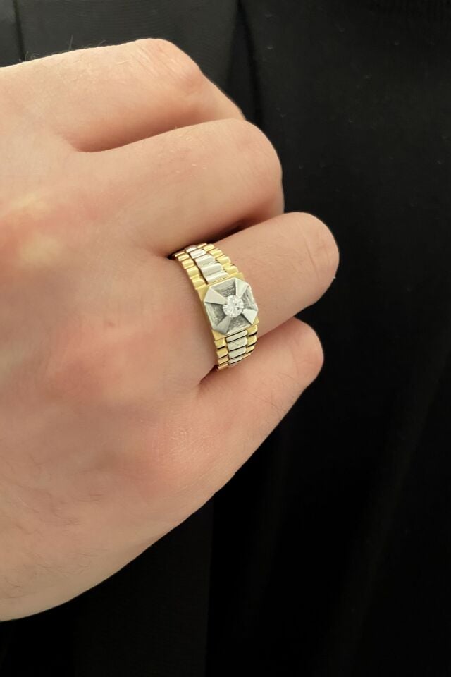 Taşlı Lüx Tasarım Zincirli 14 Ayar Çift Renk Altın Erkek Yüzük