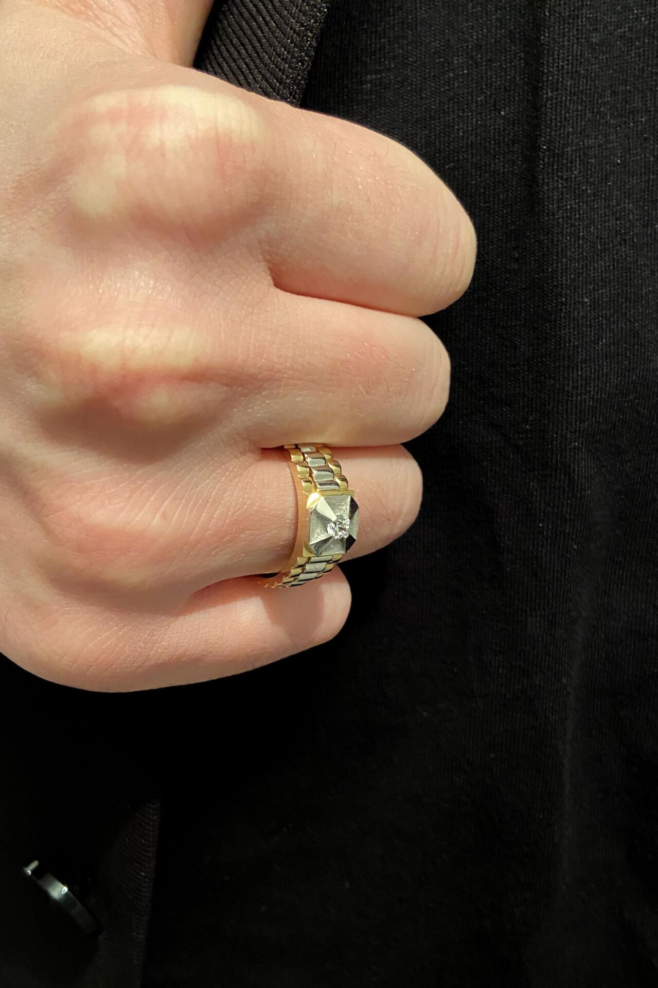 Taşlı Lüx Tasarım Zincirli 14 Ayar Çift Renk Altın Erkek Yüzük