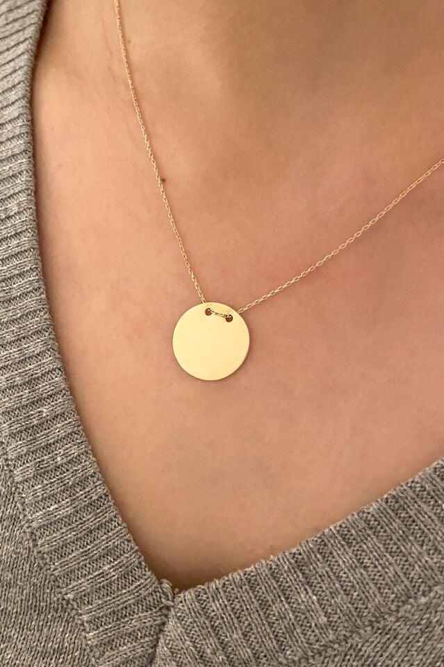 1.6 cm Çaplı Yuvarlak Plaka Kolye 14 Ayar Sarı Altın