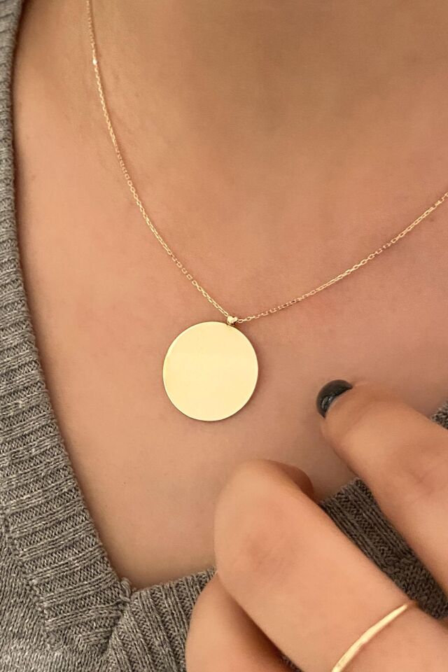 2 cm Çaplı Yuvarlak Plaka Kolye 14 Ayar Sarı Altın
