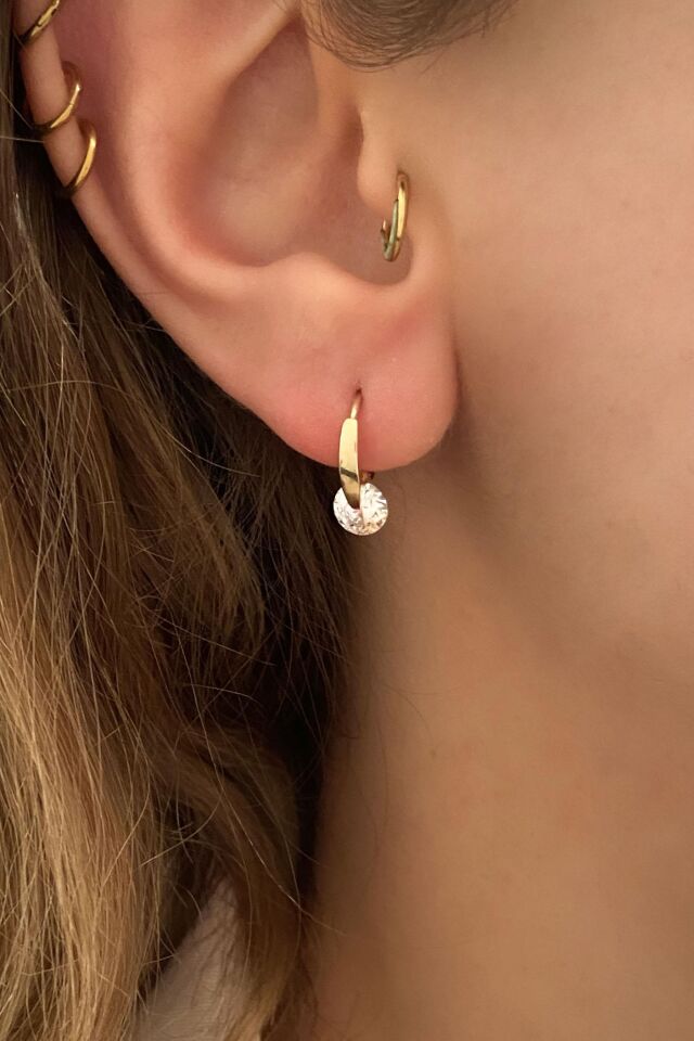 Tek Taşlı Minik 14 Ayar Sarı Altın Halka Küpe