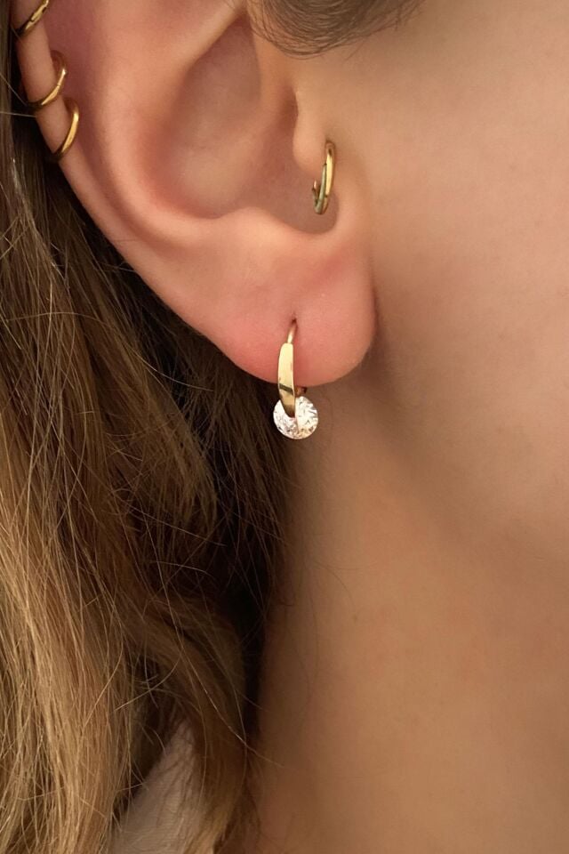 Tek Taşlı Minik 14 Ayar Sarı Altın Halka Küpe