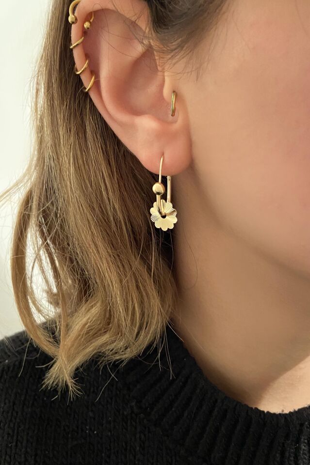 Çiçek Sallantılı Büyük Arnavut 14 Ayar Sarı Altın Halka Küpe