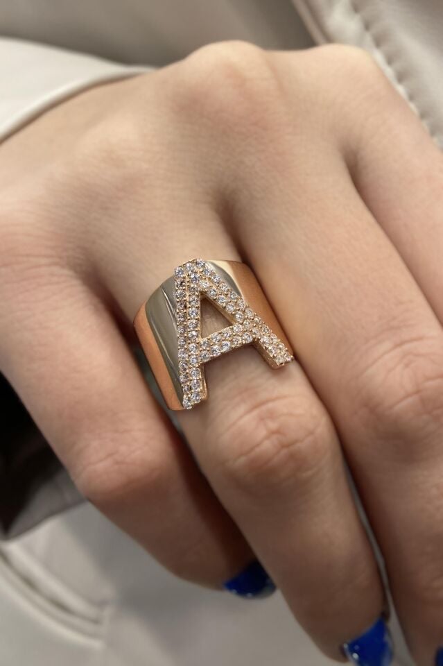 Harf Yüzük İri Süzme 14 Ayar Rose Altın