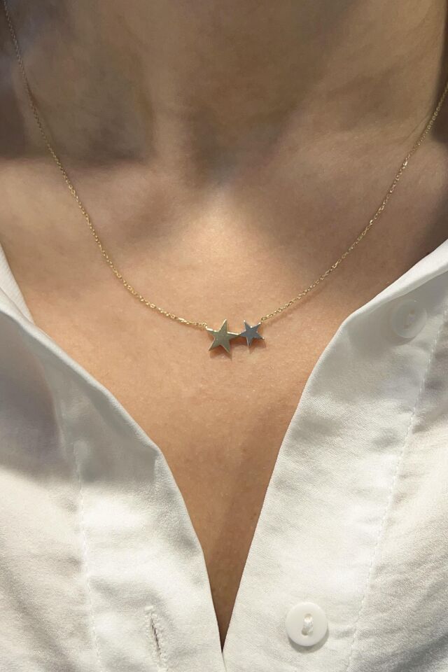 İkili Minimal Yıldız 14 Ayar Altın Kolye