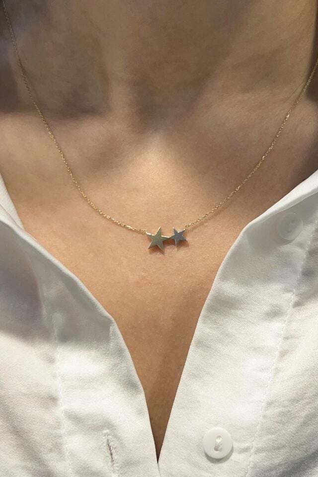 İkili Minimal Yıldız 14 Ayar Altın Kolye