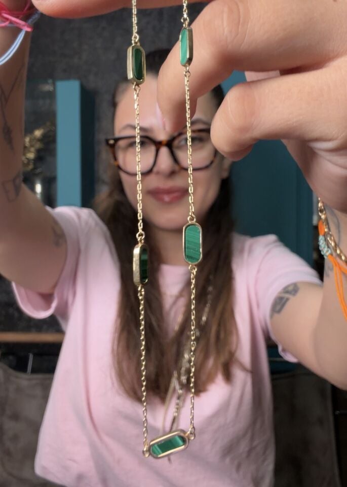 Oval Yeşil Abanoz Taşlı 14 Ayar Kolye