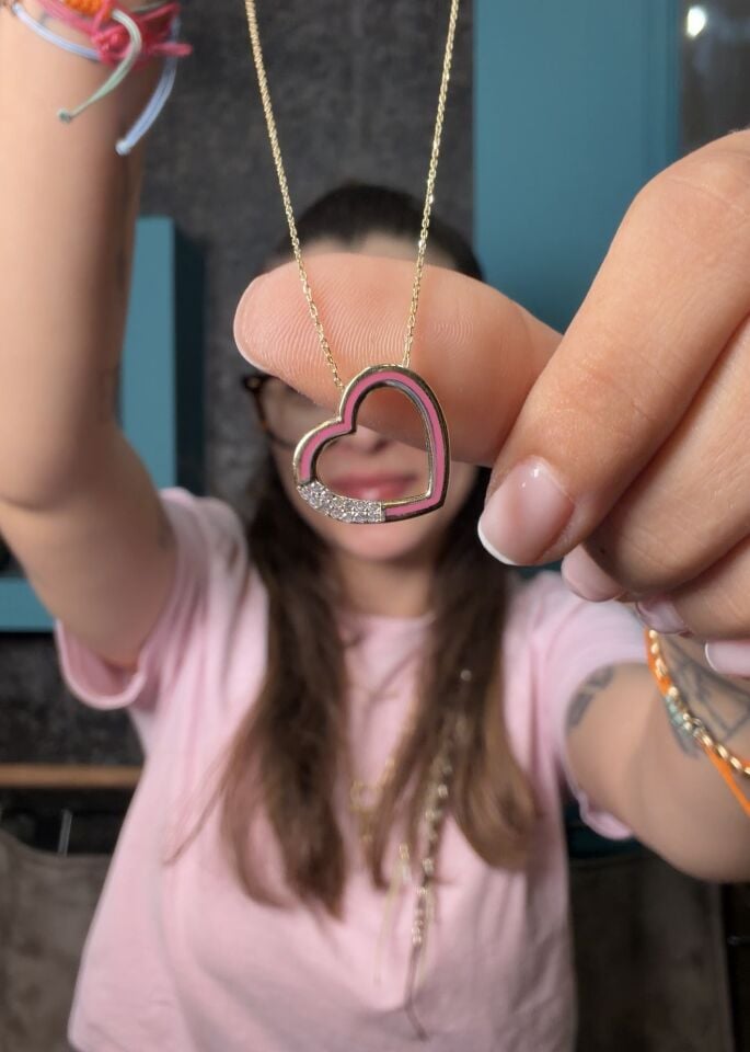 Pembe Mineli Kalp Kolye 14 Ayar Altın