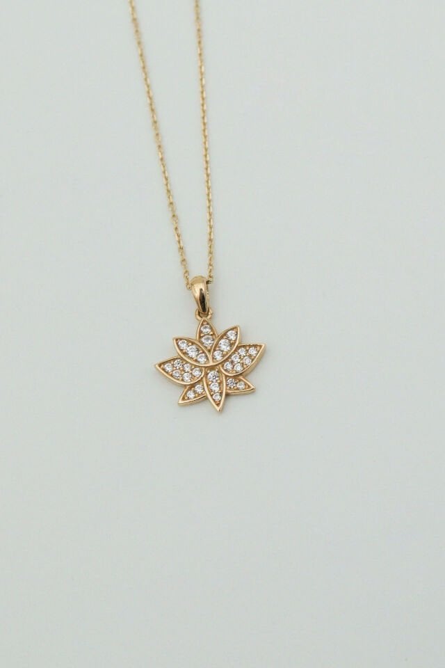 Taşlı Lotus Kolye 14 Ayar Altın