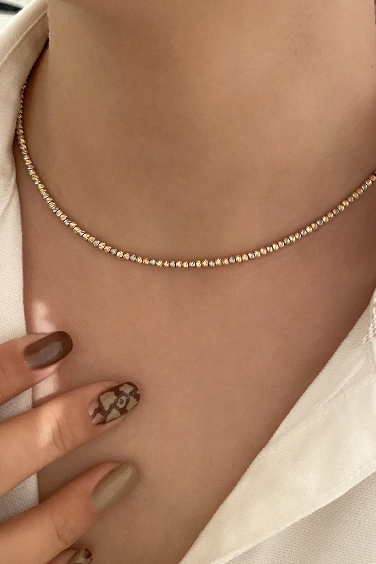 Üç Renk Dorikalı Tam Tur 14 Ayar Altın Kolye