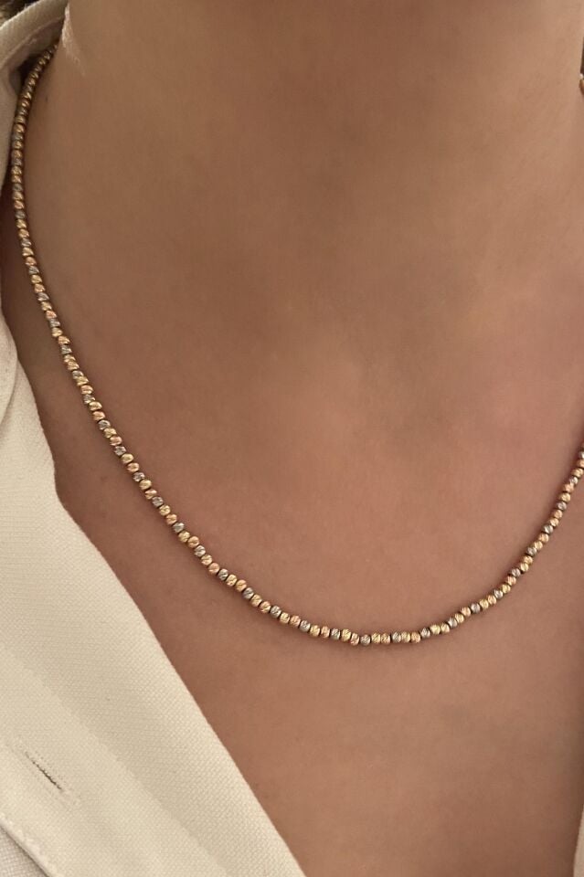 Üç Renk Dorikalı Tam Tur 14 Ayar Altın Kolye