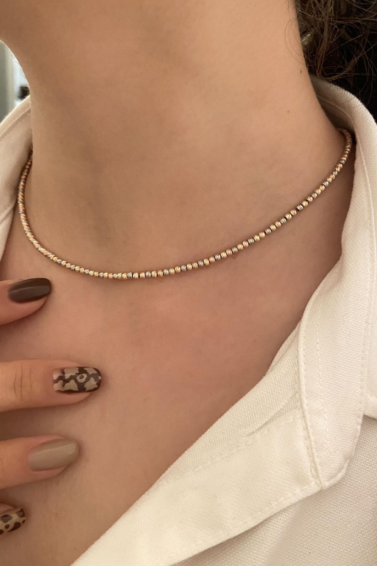 Üç Renk Dorikalı Tam Tur 14 Ayar Altın Kolye