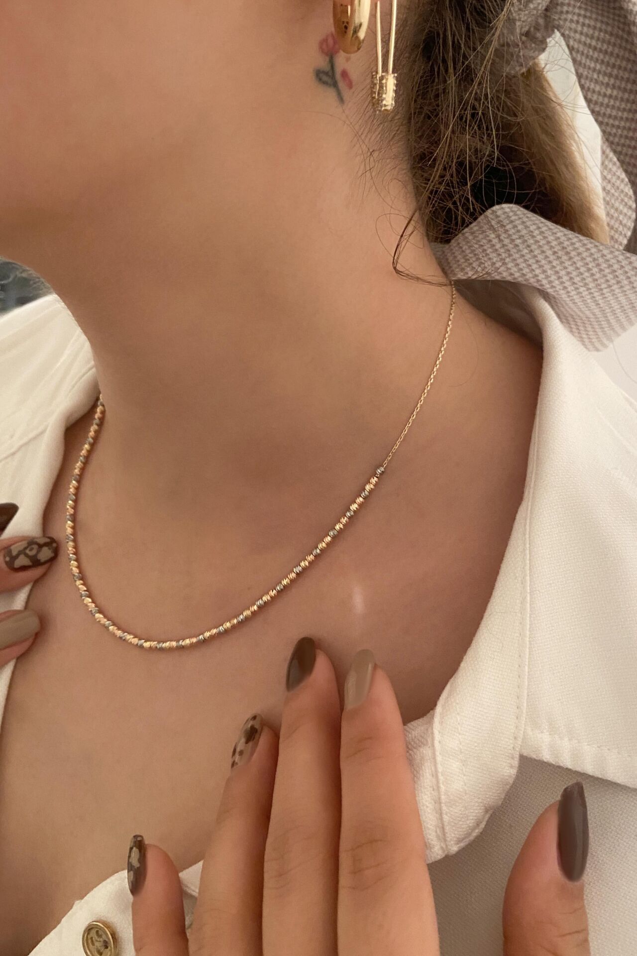 Üç Renk Yarım Dorikalı 14 Ayar Altın Kolye