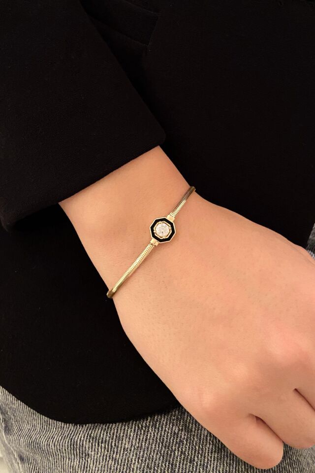 Siyah Mineli Tek Taş Balık Sırtı Zincir Bileklik