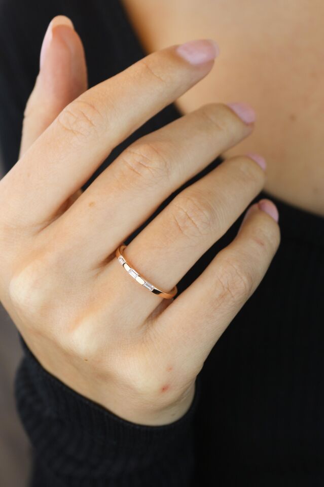 Aralıklı Üç Baget İnce Yüzük 14 Ayar Rose Altın
