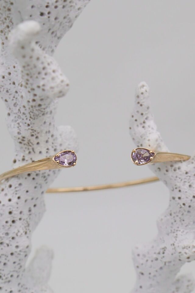 Damla Ametist Taşlı Elastik Kelepçe 14 Ayar Altın