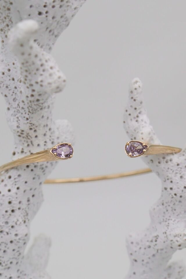 Damla Ametist Taşlı Elastik Kelepçe 14 Ayar Altın