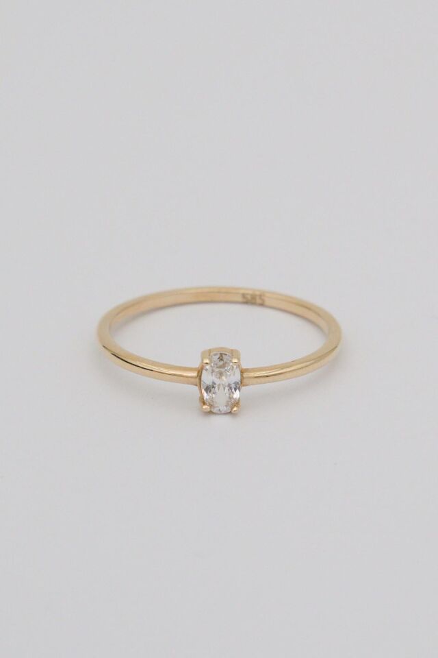 Mini Oval Tek-Taş Yüzük 14 Ayar Altın