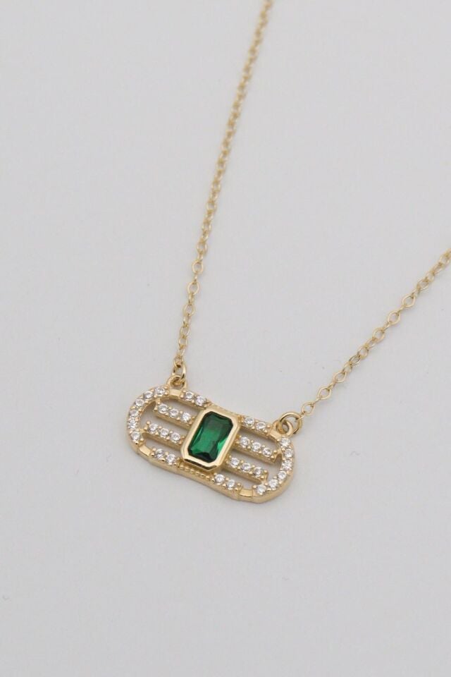 Yeşil Taşlı İmza 14 Ayar Altın Kolye