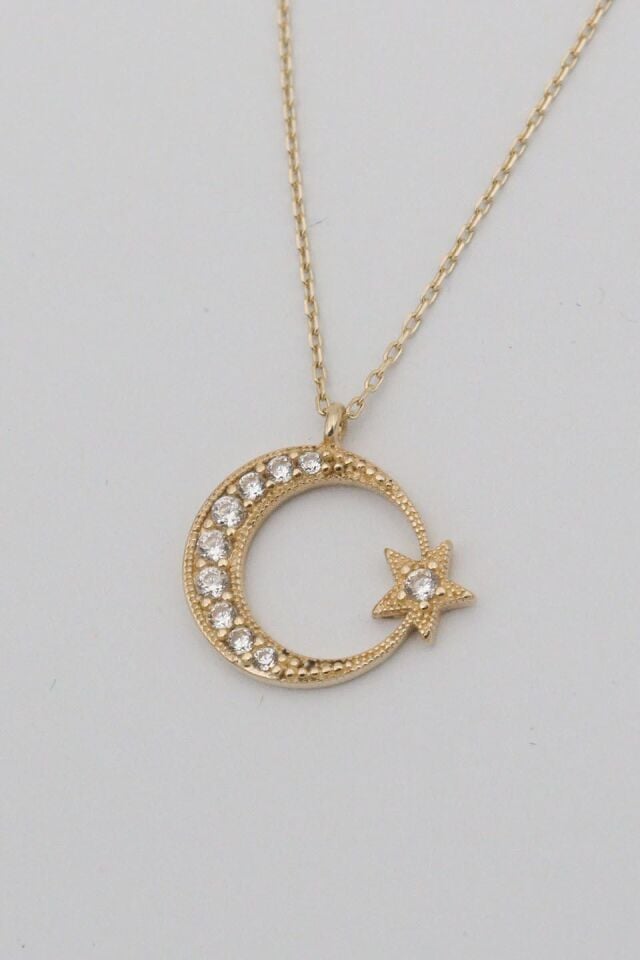 Taşlı Ay Yıldız 14 Ayar Altın Kolye