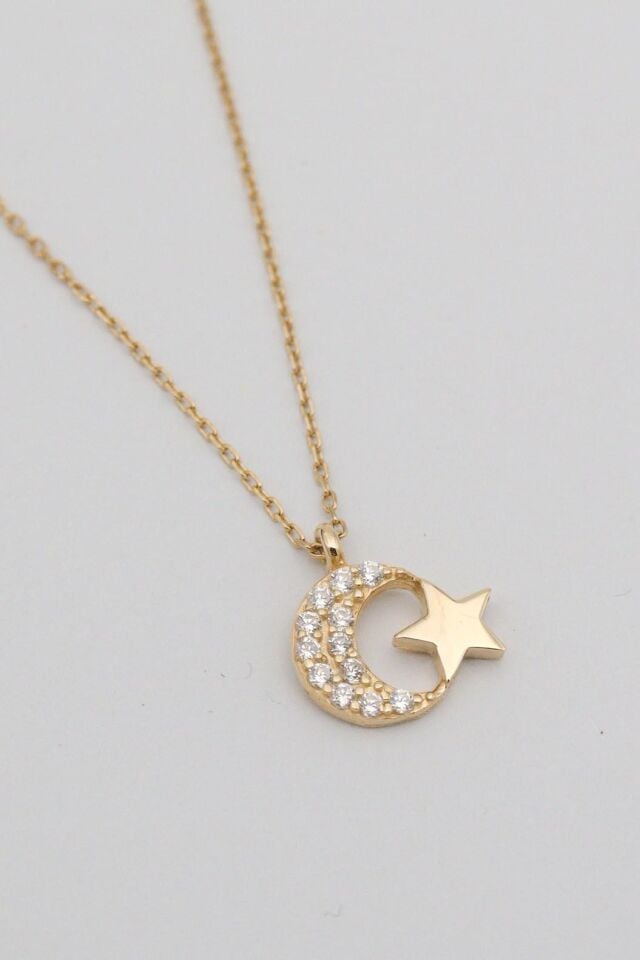 Minimal Ay Yıldız 14 Ayar Kolye