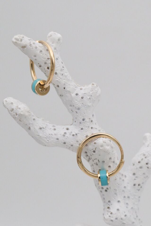 Mavi Charmlı 14 Ayar Altın Halka Küpe