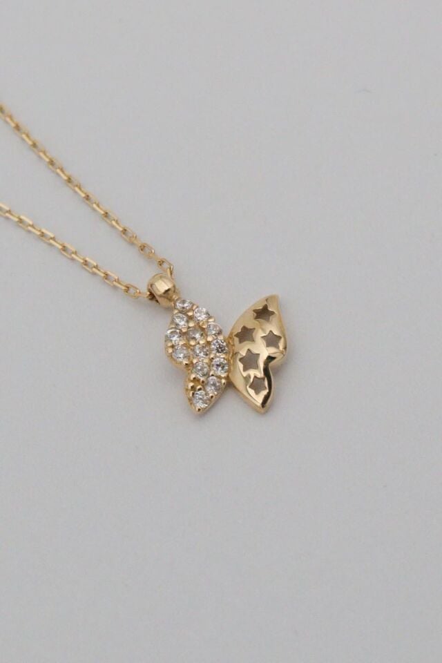 Taşlı ve Yıldızlı 14 Ayar Altın Minik Kelebek Kolye
