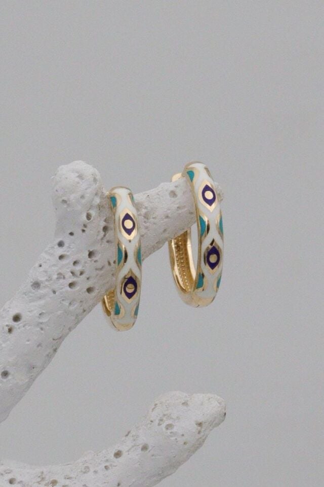 Mineli Göz Desenli 14 Ayar Mini Halka Küpe