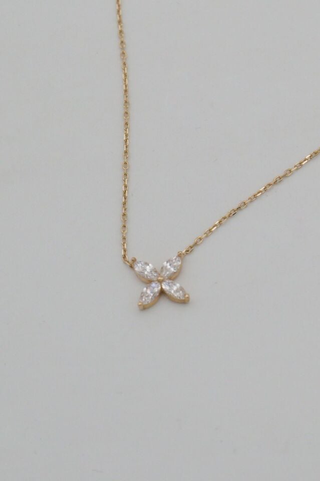 Sarı Dört Taşlı Lotus Kolye 14 Ayar Altın