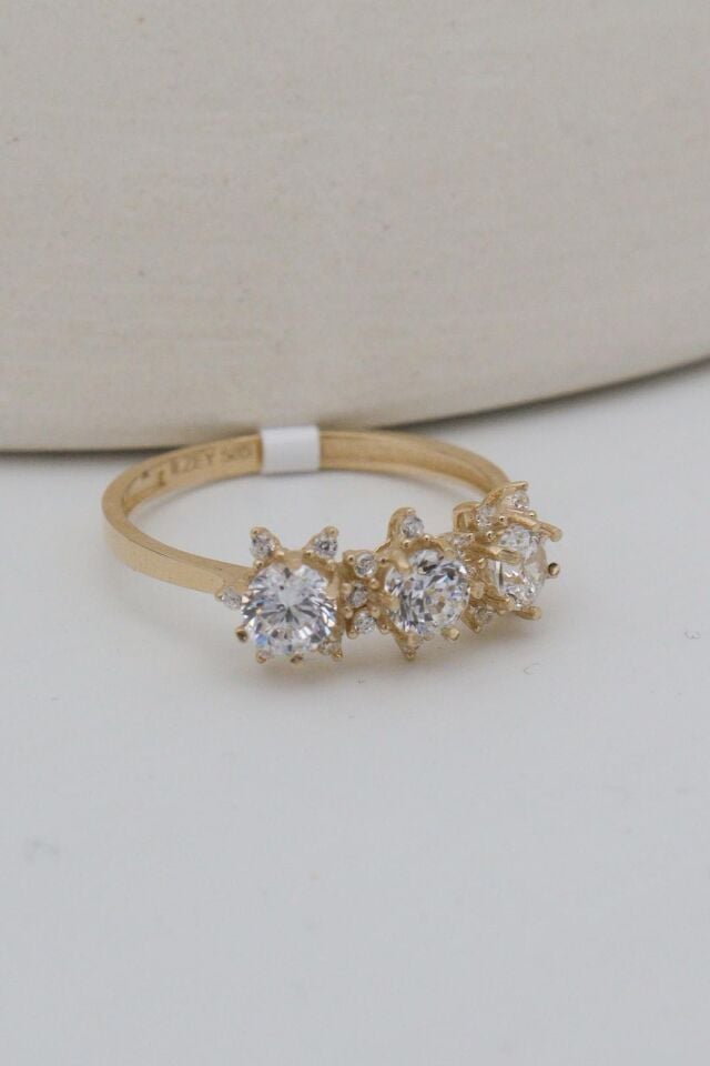 Üç Taş Lotus Yüzük 14 Ayar Altın