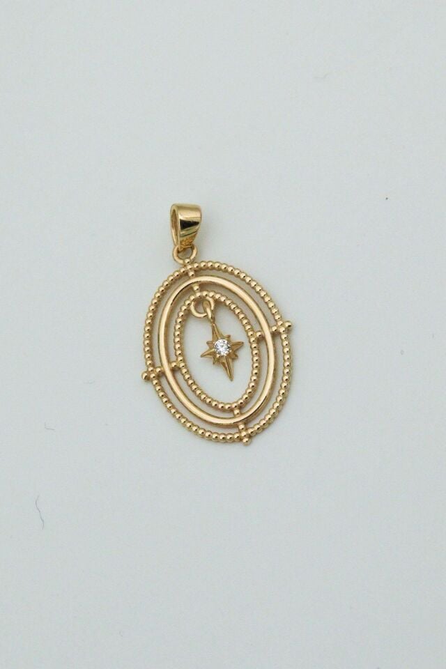 Elips Çerçeve İçinde 14 Ayar Altın Kutup Yıldızı Kolye