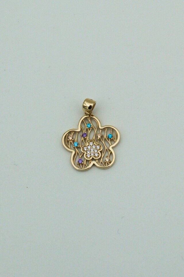 Renkli Taşlı Minimal Çiçek 14 Ayar Altın Kolye