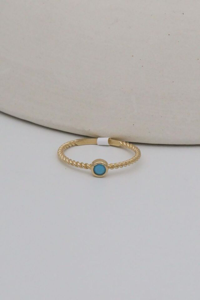 Etrafı Burgulu Turkuaz Taşlı 14 Ayar Altın Minimal Yüzük