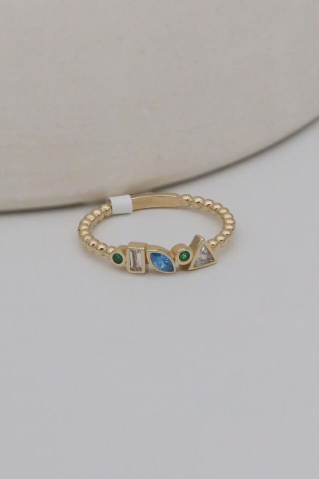 Geometrik Renkli Taşlı 14 Ayar Altın Tırnak Makası Yüzük