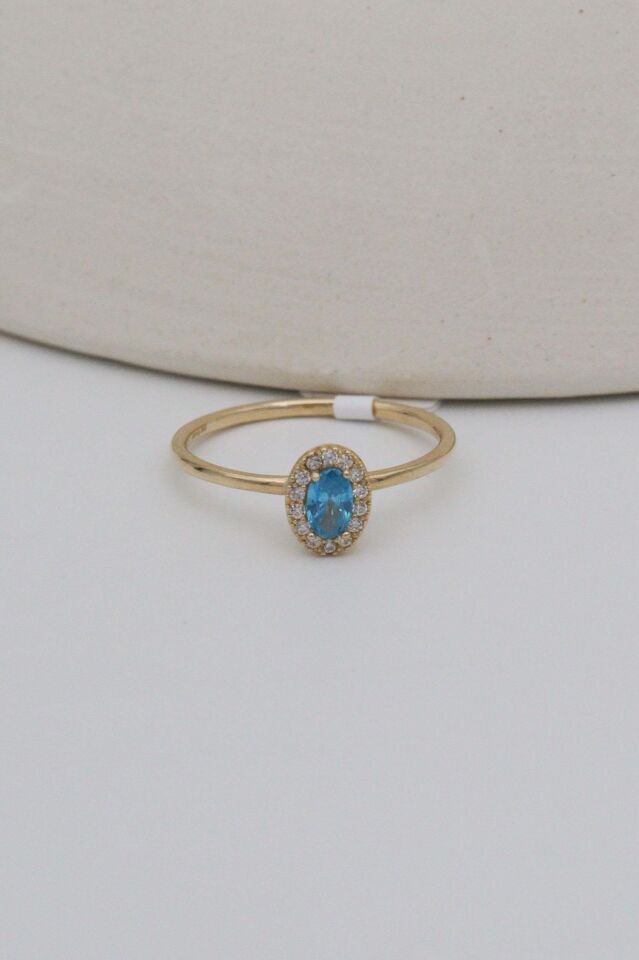 Mavi Oval Taşlı 14 Ayar Altın Minimal Yüzük