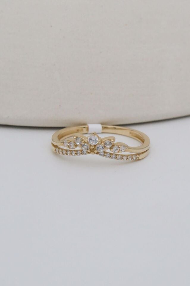 14 Ayar Altın Taşlı V Lotus Yüzük