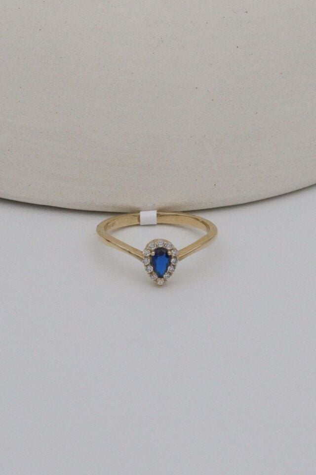 Mavi Damla Taşlı 14 Ayar Altın V Yüzük