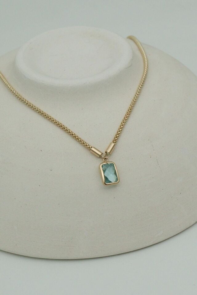 Mavi Baget Taşlı İp Zincirli 14 Ayar Altın Kolye