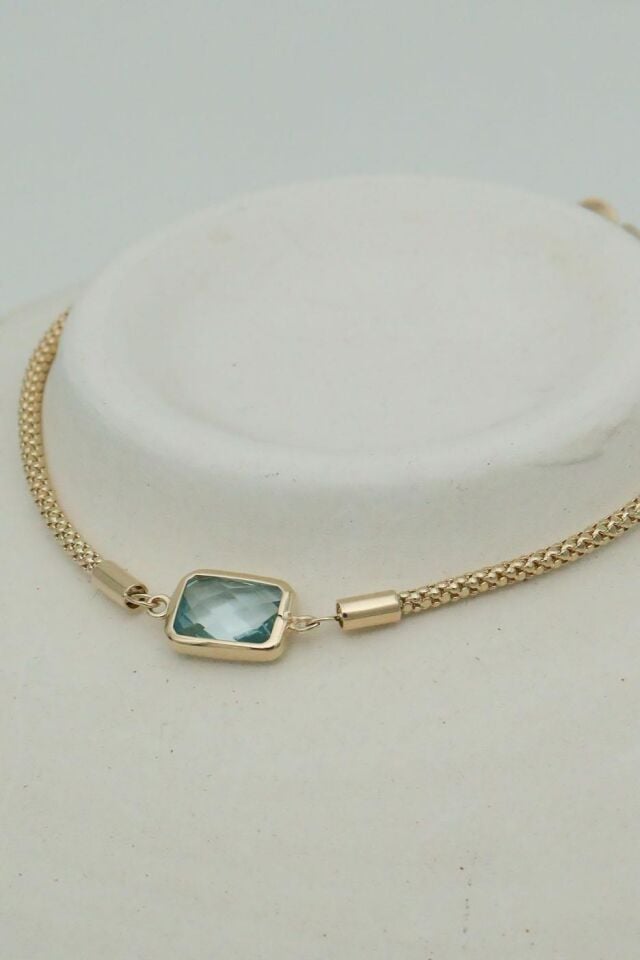 Mavi Baget Taşlı İp Zincirli 14 Ayar Altın Bileklik