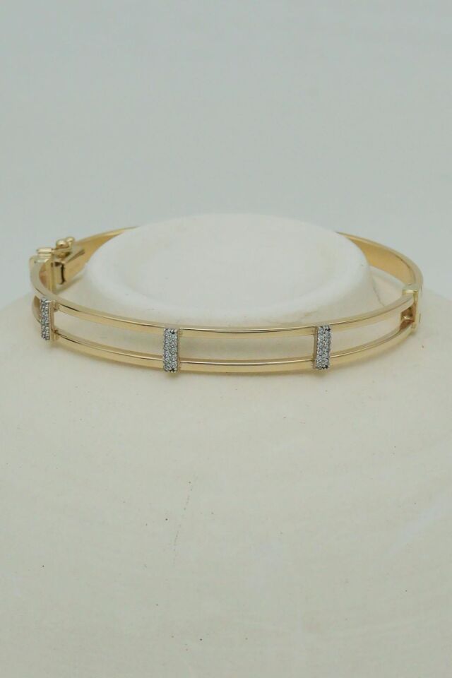 Ortası Şerit Taşlı Çift Sıra 14 Ayar Altın Kelepçe