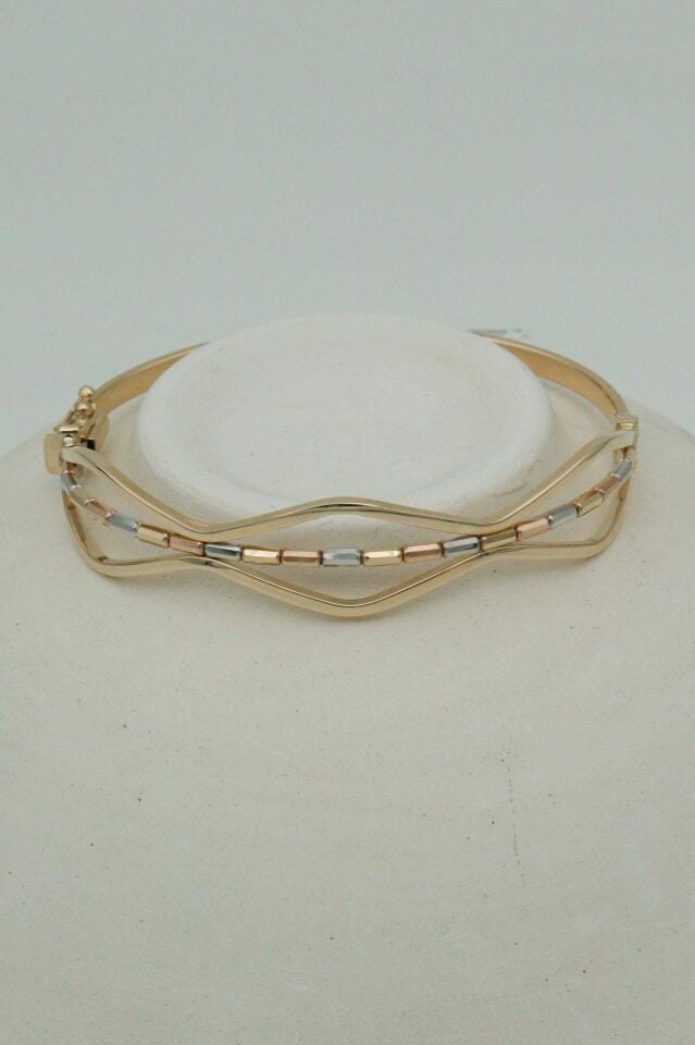 İki Sıra Dalgalı Ortası Silindir Dorikalı 14 Ayar Altın Kelepçe